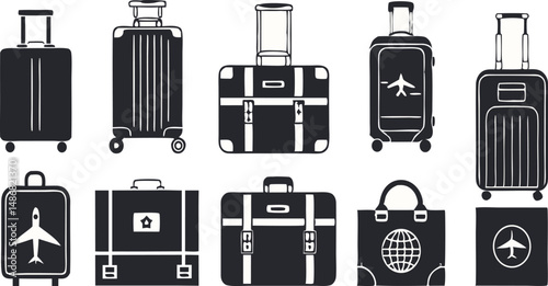 Collection of stylish travel bags and suitcases in black silhouette design.