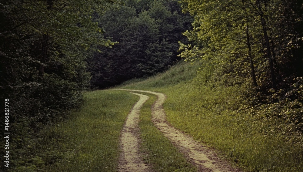 Fototapeta premium Forest path winds through verdant trees