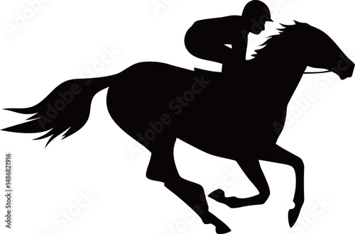 Silhouette of a jockey riding a galloping horse in dynamic motion.