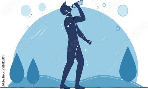 A silhouette of a man drinking water outside in a tranquil natural setting.