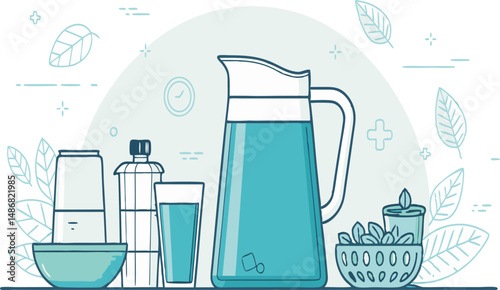 Clear pitcher of water with refreshing drinks and healthy snacks on display.