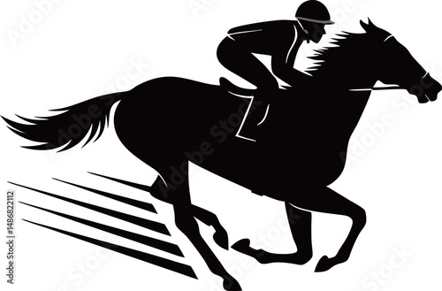 Silhouette of a male jockey riding a galloping horse in motion.