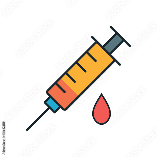 Colorful syringe icon with droplet representing hospital injection, blood draw, immunotherapy, flu shot, and clinical medical procedure