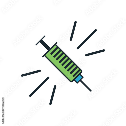 Green syringe illustration symbolizing vaccine dose, medical shot, immunization campaign, and health protection against viral infections