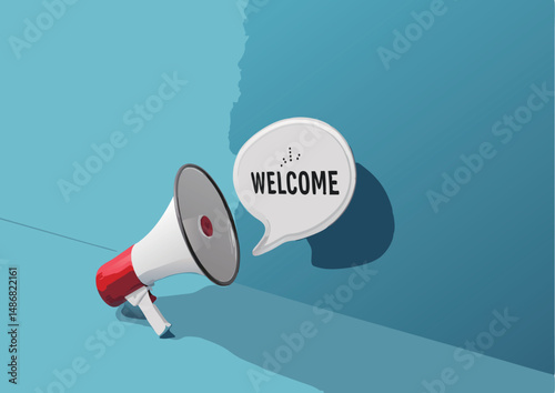 A colorful megaphone announces 'WELCOME' in a vibrant setting.