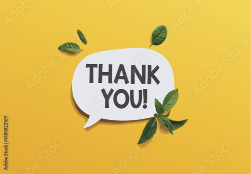 Bright yellow background with thank you speech bubble and green leaves accents.
