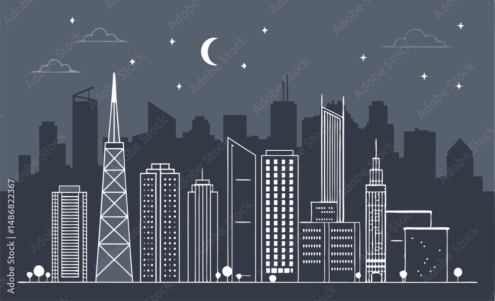 Fototapeta premium Stylized city skyline illustration at night with stars and clouds.
