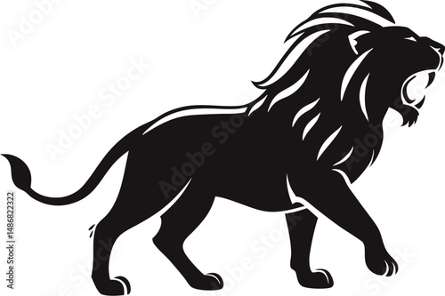 Stylized black lion walking confidently with a majestic mane.
