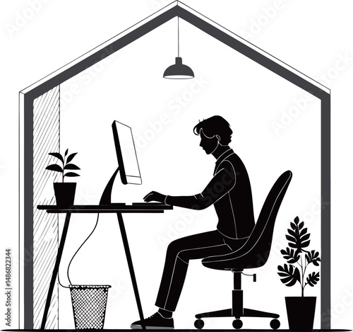 Young man working from home in a minimalist office space with plants.