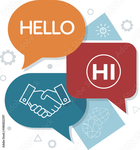 Colorful speech bubbles featuring greetings and a handshake icon.