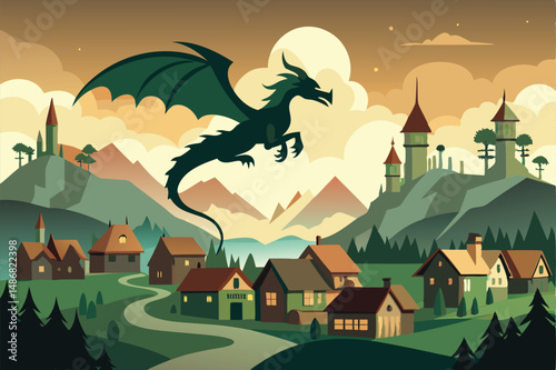 Majestic Dragon Soaring Gracefully over a Serene Village Silhouette