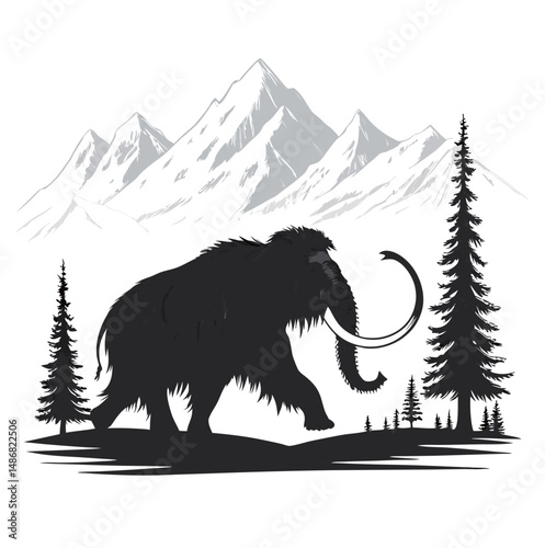 A majestic woolly mammoth silhouette walking through a mountainous landscape.