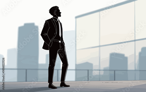 Stylish young Black man in business attire standing confidently in a modern urban setting.