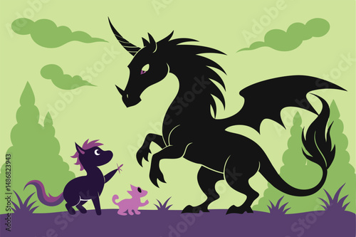 Playful Silhouette of a Dragon Interacting with a Curious Baby Unicorn