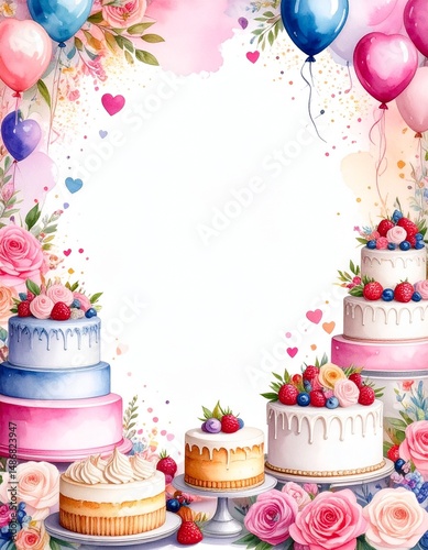 birthday card invitation border pattern with cakes and balloons 