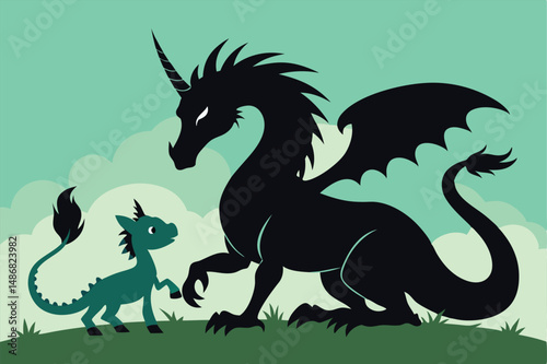 Mythical Encounter: Dragon and Unicorn Engage in Playful Frolic