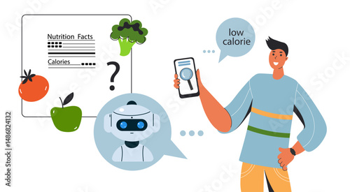 Young man  get low calorie diet advice from an Ai robot chatbot on a smartphone app. Artificial intelligence personal nutrition consultant flat illustration.
