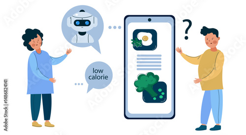 Woman and man get low calorie diet advice from an Ai robot chatbot on a smartphone app. Artificial intelligence personal nutrition consultant flat illustration.