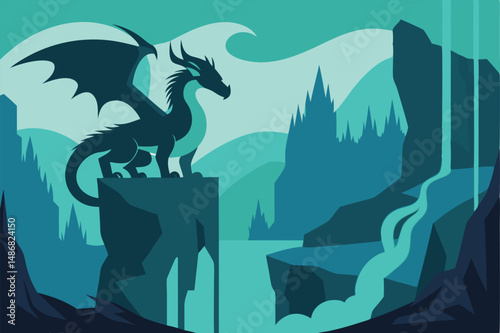 Majestic Dragon Guarding the Enchanting Waterfall Amidst Verdant Surroundings