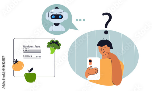 Young man  get low calorie diet advice from an Ai robot chatbot on a smartphone app. Artificial intelligence personal nutrition consultant flat illustration.
