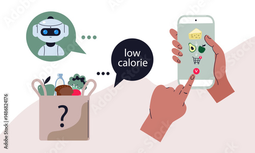 Robot ai consultant suggesting low calorie food options on phone application, aiding grocery selection for a healthy and balanced diet with nutrient counting and weight management.