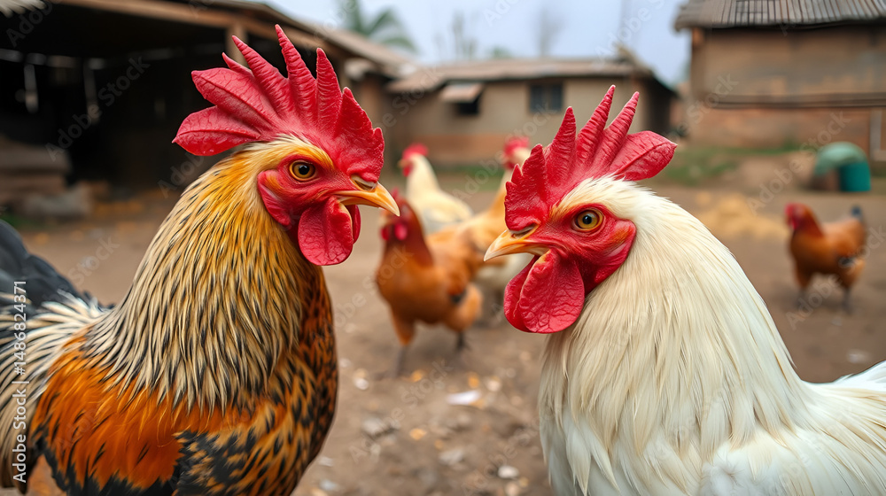 Fototapeta premium In the world of domestic poultry, a pair of cockerels prepare for a fierce battle in the background of a rural farm, highlighting the intensity of cockfights.