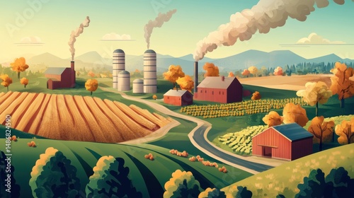 Autumnal Farmland Vista: Rolling Hills, Golden Fields, and Rustic Charm