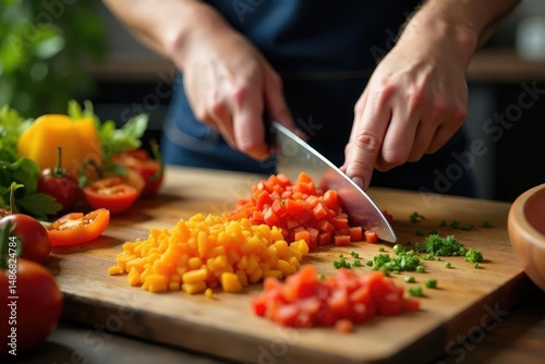 Chopping vegetables and prepping ingredients for a delicious meal Various colorful vegetables and herbs are neatly arranged , lettuce, diet, vegetables
