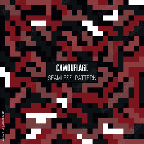 Seamless Pixelated Red and Black Camouflage Pattern