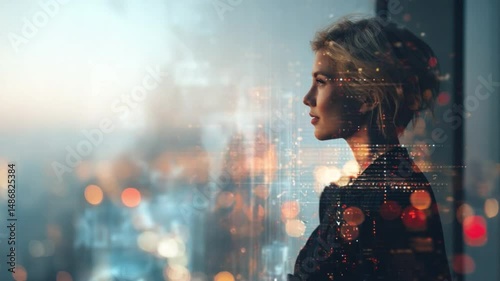 Woman contemplating cityscape: A pensive woman gazes out a large window, her thoughts seemingly as expansive as the sprawling city skyline visible beyond her.