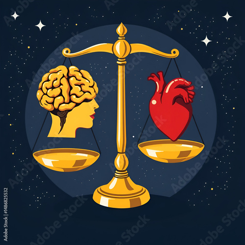 A stylized illustration of a golden scale with a human brain on one side and a heart on the other, set against a starry night sky, representing the eternal tug of reason versus emotion.