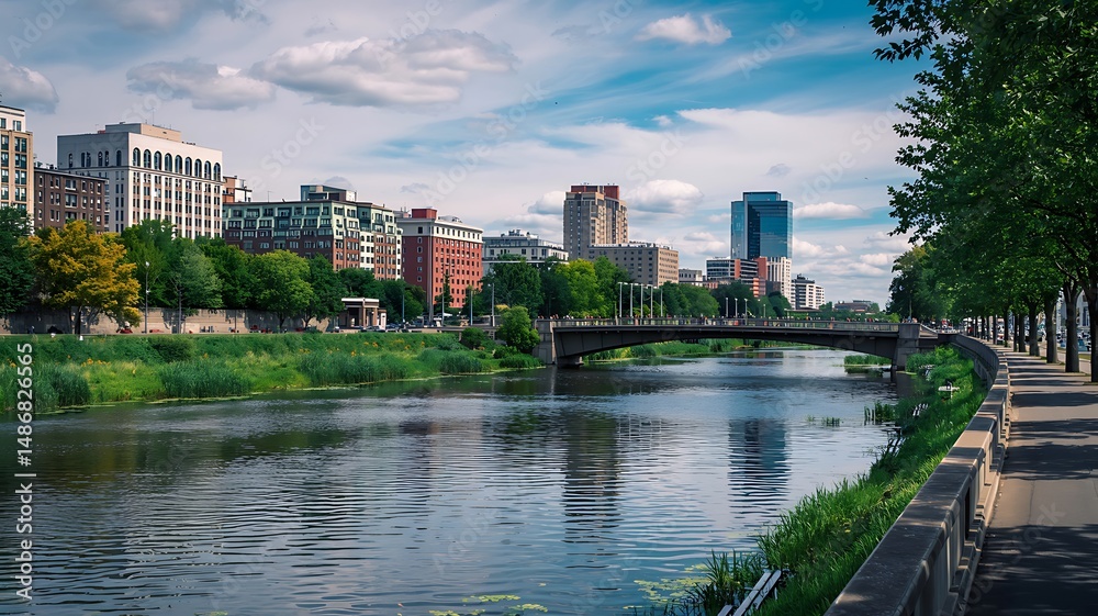 Naklejka premium Cityscape view along the river with a bridge and buildings in background