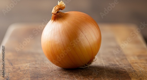 Golden hued vidalia onion resting on a rustic wooden cutting surface