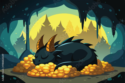 Majestic Mythical Dragon's Silhouette Resting on a Golden Treasure Hoard