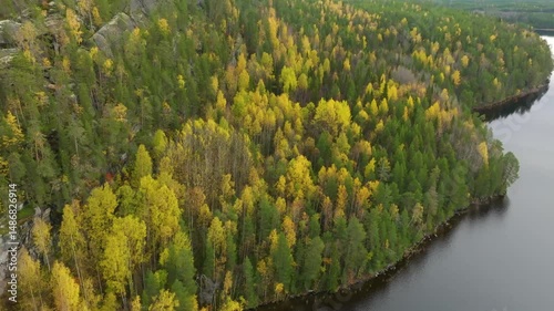 Dramatic Finnish park landscape with rivers, cliffs, and vibrant autumn trees captured by drone—Oulanka or Helvetinjärvi National Park