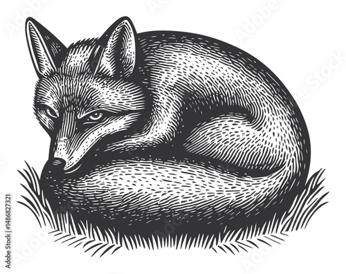 Detailed Convex Vector Drawing of a Sleeping Fox in Stylized Art Form