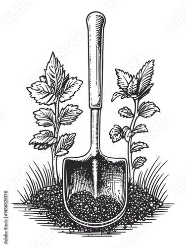 Vintage Vector Illustration of Garden Shovel and Plants in Soil
