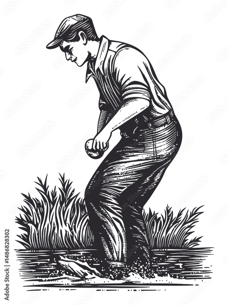 Fototapeta premium Detailed Vector Drawing of a Fisherman Standing in Water