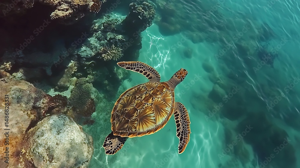 Fototapeta premium Sea turtle swimming overhead view