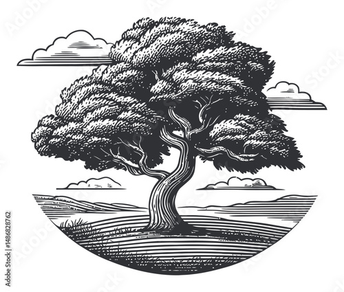 Detailed black and white vector drawing of a stylized tree landscape