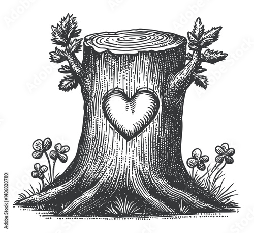 Heart Carved in Tree Stump Illustration for Nature and Love Themes