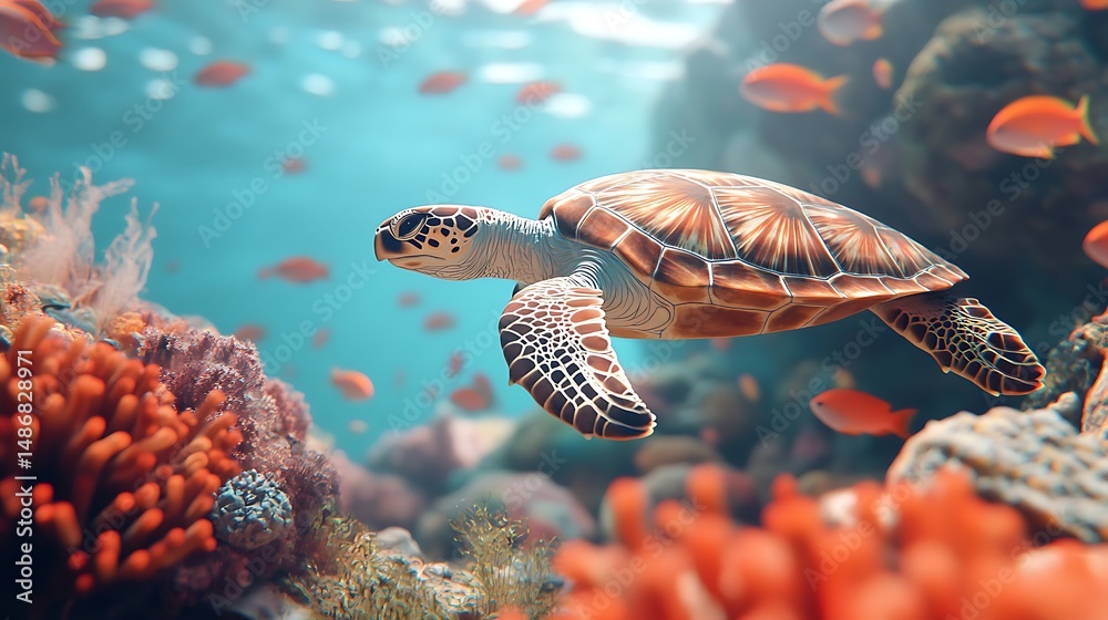 Fototapeta premium Sea turtle in coral reef underwater scene