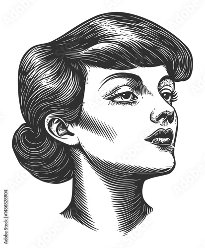 Elegant Vintage Female Portrait in Detailed Vector Drawing Style