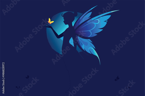 Ethereal Silhouette of a Fairy with an Illuminating Butterfly