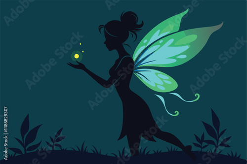 Ethereal Silhouette of a Fairy with a Luminescent Butterfly