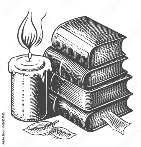 Vintage Candle and Stack of Books Vector Drawing for Artistic Projects