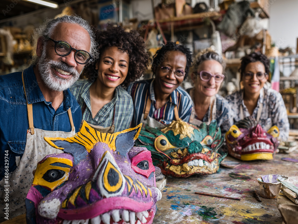 Fototapeta premium Artisan Craftspeople in Colorful Mask-Making Workshop: Celebrating Multicultural Tradition and Community Creativity