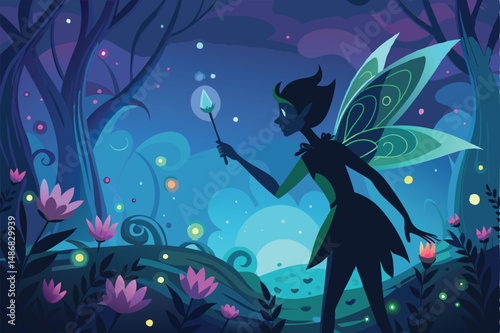 Enchanted Fairy's Silhouette Illuminating Glowing Patterns in Night Sky
