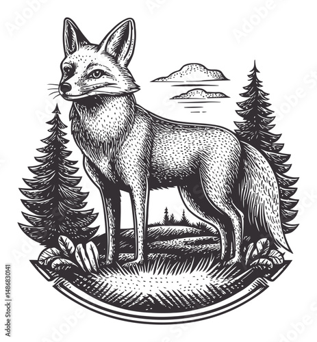 Detailed Vintage Vector Illustration of a Fox Surrounded by Nature