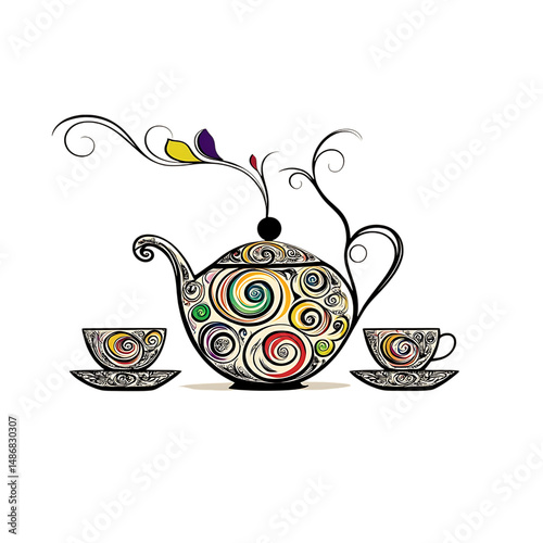 Bold outline art of a teapot and teacups with colorful swirls and black-and-white base on a plain pastel beige background 